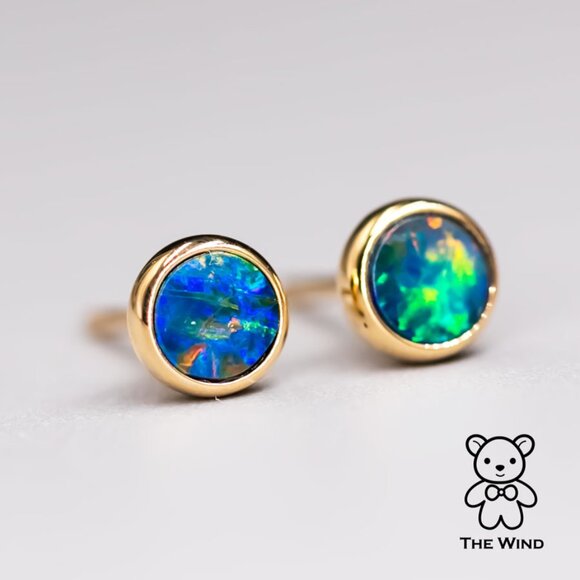 Minimalist Round Australian Doublet Opal Stud Earrings 18k Yellow Gold - Picture 1 of 8